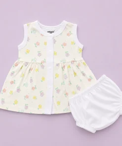 Sleeveless Combed Cotton Frock - Light Yellow with Flower - DFK1