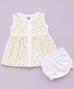 Sleeveless Combed Cotton Frock - O ff White with Pink Floral  - DFK1