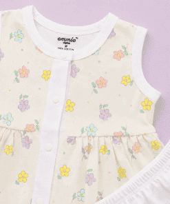 Alternative view of Sleeveless Combed Cotton Frock - Light Yellow with Flower - DFK1