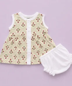 Sleeveless Combed Cotton Frock - Blue Heart - Light Yellow with Red Floral - DFK1