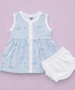 Sleeveless Combed Cotton Frock - Blue Heart - Blue with Flying Ture Love Heart - DFK1