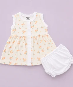 Sleeveless Combed Cotton Frock - Orange Floral  - DFK1