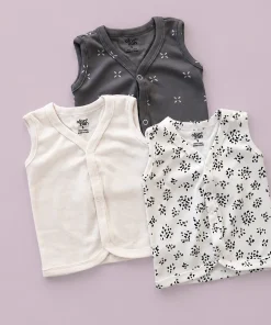 Sleeveless Jhabla Front Button (Pack of 3) - White Black Print , Cream , Dark Gray - JH1