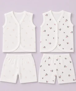 Knitted Cotton Jhabla and Shorts Set -Pack of 2- Pink flower and bee- JS1