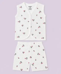 Knitted Cotton Jhabla and Shorts Set -Pack of 2- Pink flower and bee- JS1 - Image 3