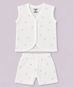 Knitted Cotton Jhabla and Shorts Set -Pack of 2- Pink flower and bee- JS1 - Image 2
