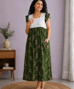 Maternity Feeding Nighty with Lace - Dark Green with Floral - MFN