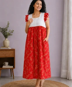 Maternity Feeding Nighty with Lace - Dark Magenta with Yellow Floral - MFN