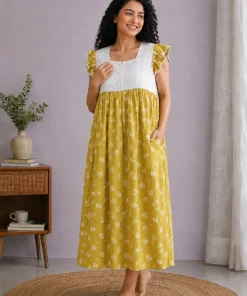 Maternity Feeding Nighty with Lace - Mustard Yellow with Strip and Floral - MFN