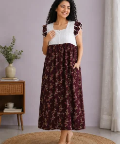 Maternity Feeding Nighty with Lace - Dark Wine with Floral - MFN