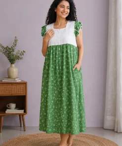 Maternity Feeding Nighty with Lace - Green with Strip and Floral - MFN