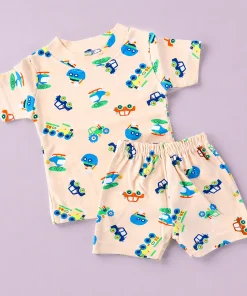 Knitted Cotton Half Sleeve T-Shirt and Shorts Set - Light Peach with Boat , Car , Helicopter - DTS1