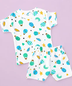 Knitted Cotton Half Sleeve T-Shirt and Shorts Set - White with Red Space Man and Rocket - DTS1