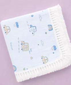Crinkled Muslin Swaddle with Lace - 100x100cm - Blue with Vehicles - SW1