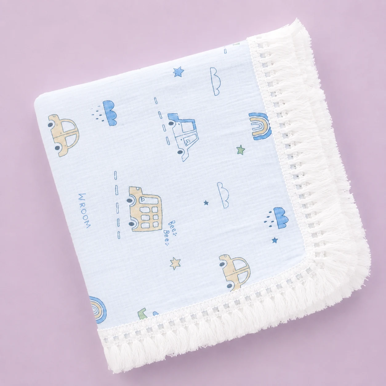 Crinkled Muslin Swaddle with Lace - 100x100cm - Blue with Vehicles - SW1