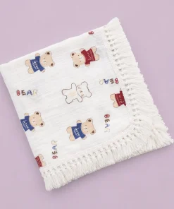 Crinkled Muslin Swaddle with Lace - 100x100cm - Teddy Bear - SW1