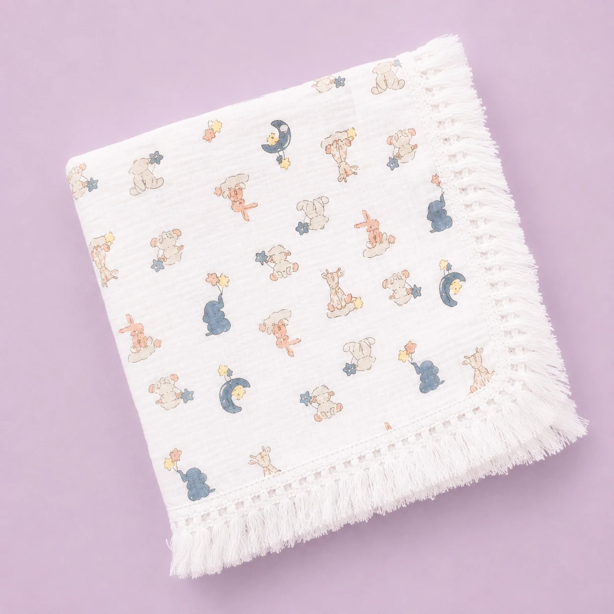 Crinkled Muslin Swaddle with Lace - 100x100cm - Baby Animals - SW1