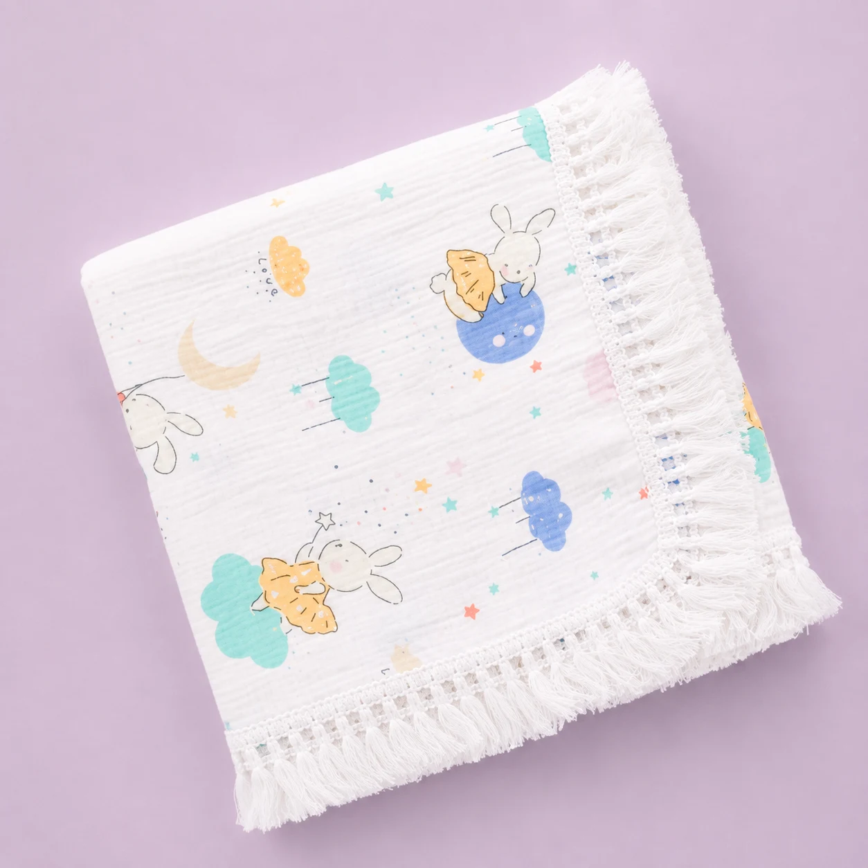 Crinkled Muslin Swaddle with Lace - 100x100cm - Girl Rabbit and Cloud - SW1