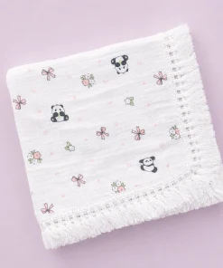 Crinkled Muslin Swaddle with Lace - 100x100cm - Panda and Bow - SW1