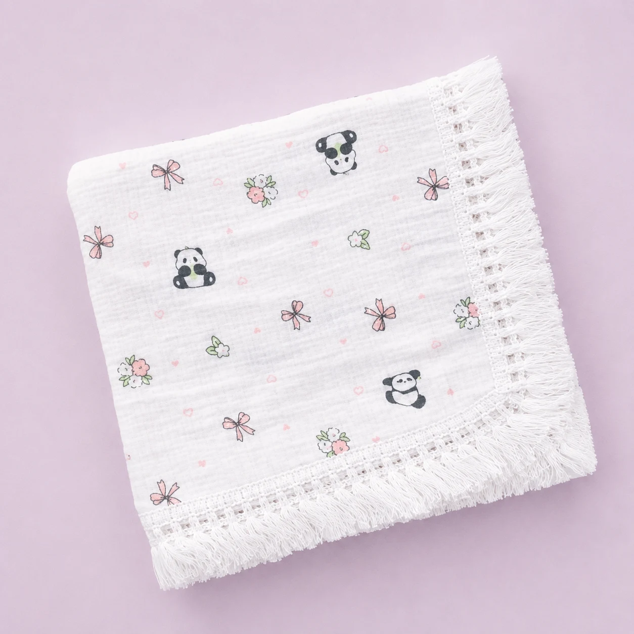 Crinkled Muslin Swaddle with Lace - 100x100cm - Panda and Bow - SW1