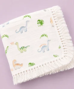 Crinkled Muslin Swaddle with Lace - 100x100cm - Dino and Leaf - SW1