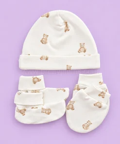 Cap, Mittens and Booties Set - Off White with Brown Bear - CS1