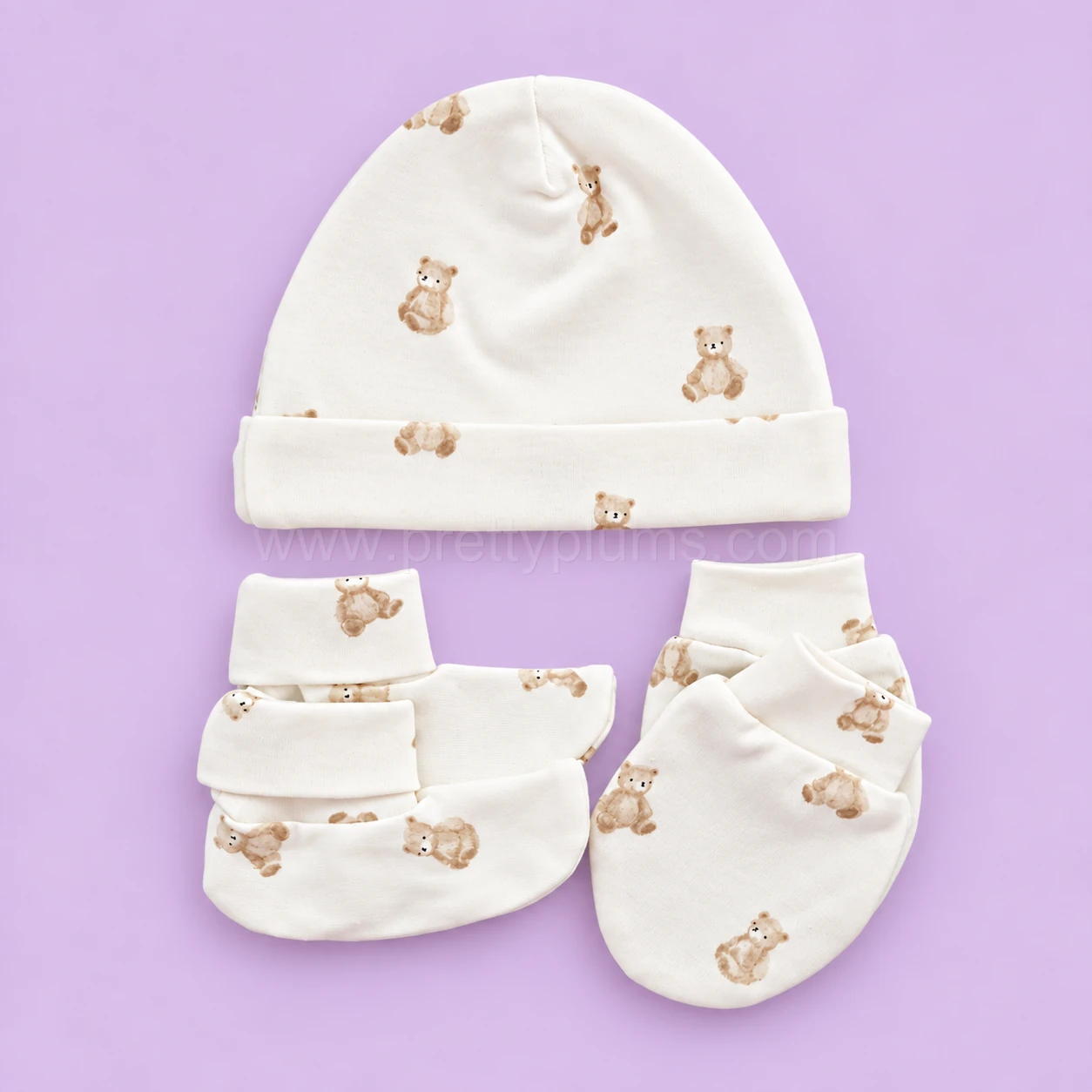Cap, Mittens and Booties Set - Off White with Brown Bear - CS1