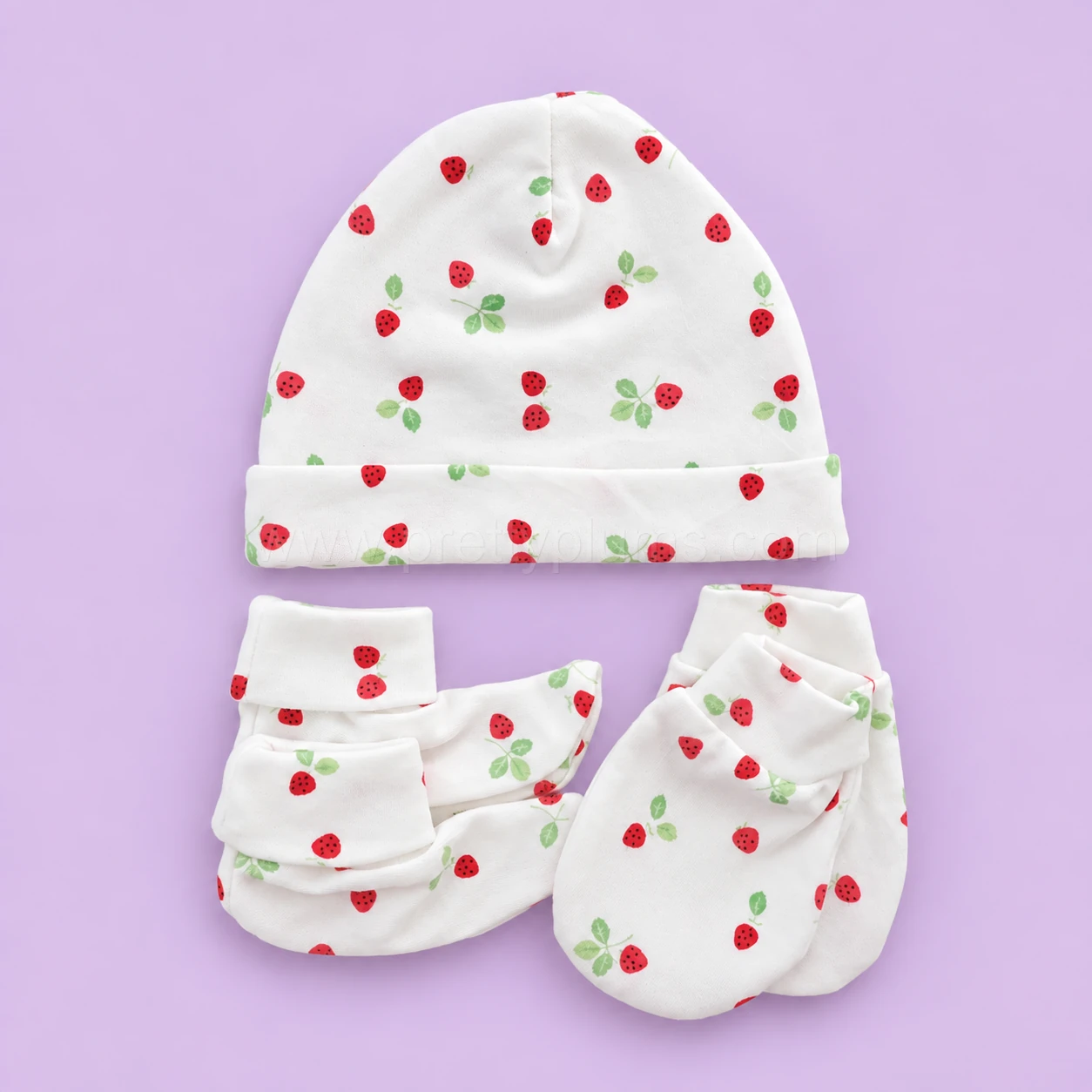 Cap, Mittens and Booties Set - Off White with Strawberry - CS1