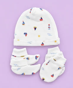 Cap, Mittens and Booties Set - Off White with Boat - CS1