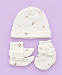 Cap, Mittens and Booties Set - Off White with Brown Rainbow - CS1