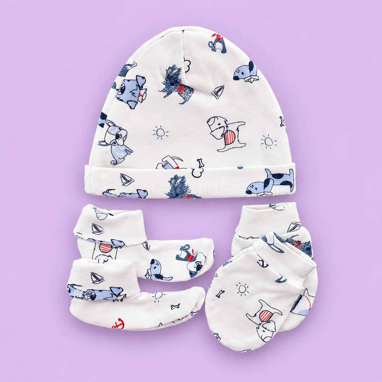 Cap, Mittens and Booties Set - White with Dog - CS1