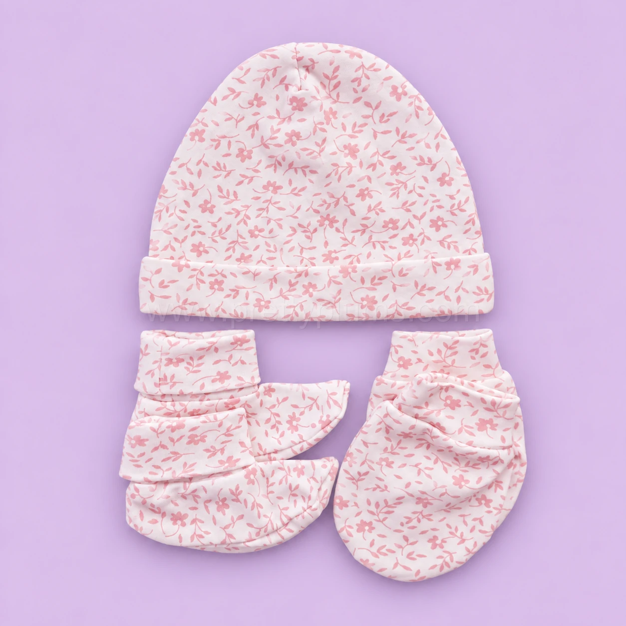 Cap, Mittens and Booties Set - Pink Floral - CS1