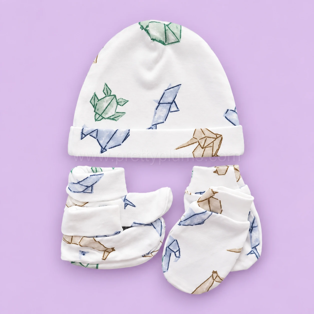 Cap, Mittens and Booties Set - White with Paper Toy - CS1