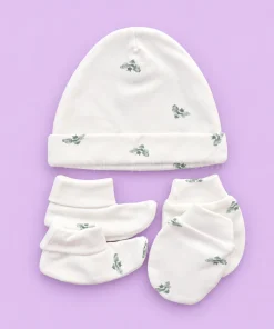 Cap, Mittens and Booties Set - Off White with Blue Honeybee - CS1