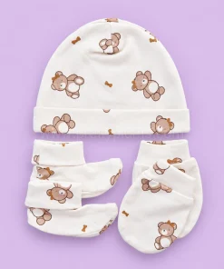 Cap, Mittens and Booties Set - Cream with Bear - CS1