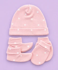 Cap, Mittens and Booties Set - Pink with White Round - CS1
