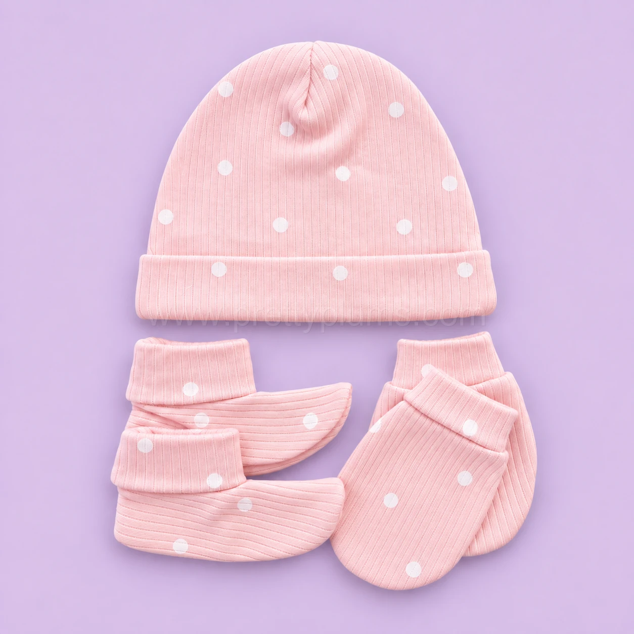 Cap, Mittens and Booties Set - Pink with White Round - CS1