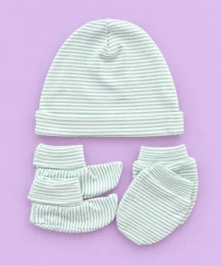 Cap, Mittens and Booties Set - Green Stripe - CS1