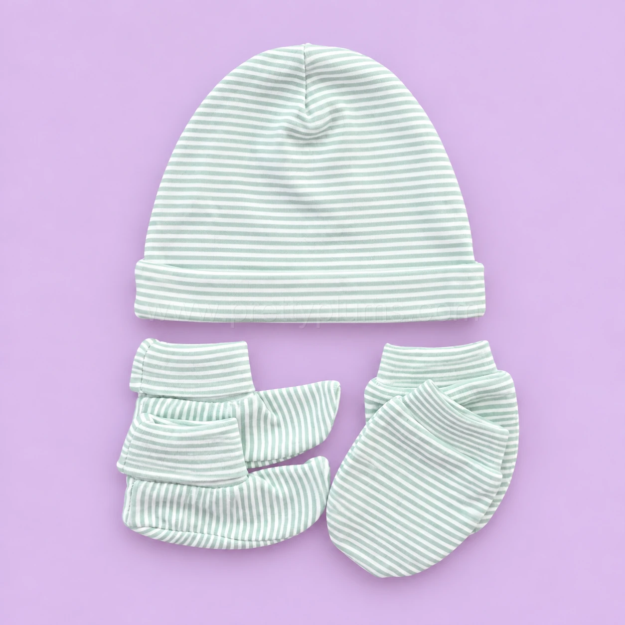 Cap, Mittens and Booties Set - Green Stripe - CS1