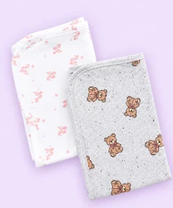 Knitted Cotton Small Hooded Blanket (Pack of 2) - Grey Bear and Pink Shoe - HBL