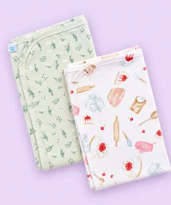 Knitted Cotton Small Hooded Blanket (Pack of 2) - Light Pink with Kitchen Accessories and Green Leaf - HBL