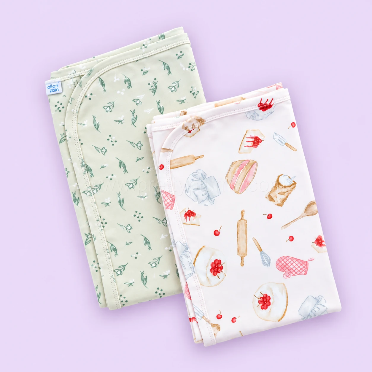 Knitted Cotton Small Hooded Blanket (Pack of 2) - Light Pink with Kitchen Accessories and Green Leaf - HBL