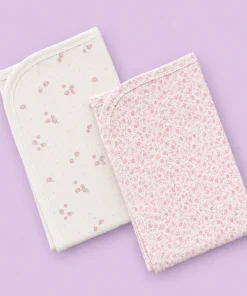 Knitted Cotton Small Hooded Blanket(Pack of 2) - Off White with Strawberry and Pink Leaf - HBL
