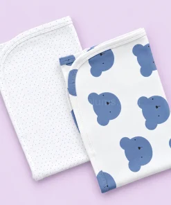 Knitted Cotton Small Hooded Blanket(Pack of 2) - Blue Teddy and Grey Small Dot - HBL