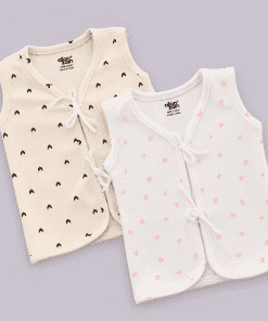 Front Knot Sleeveless Jhabla (Pack of 2) - Black Arrow and White with Pink Small Flower - JH1