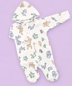 Hooded Sleeping Suit - White with Paper Rocket - SS1