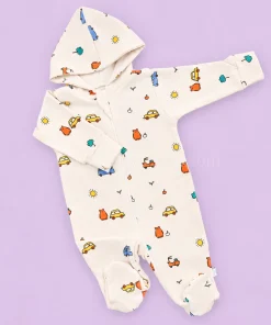 Hooded Sleeping Suit - Light Cream with Vehicles - SS1