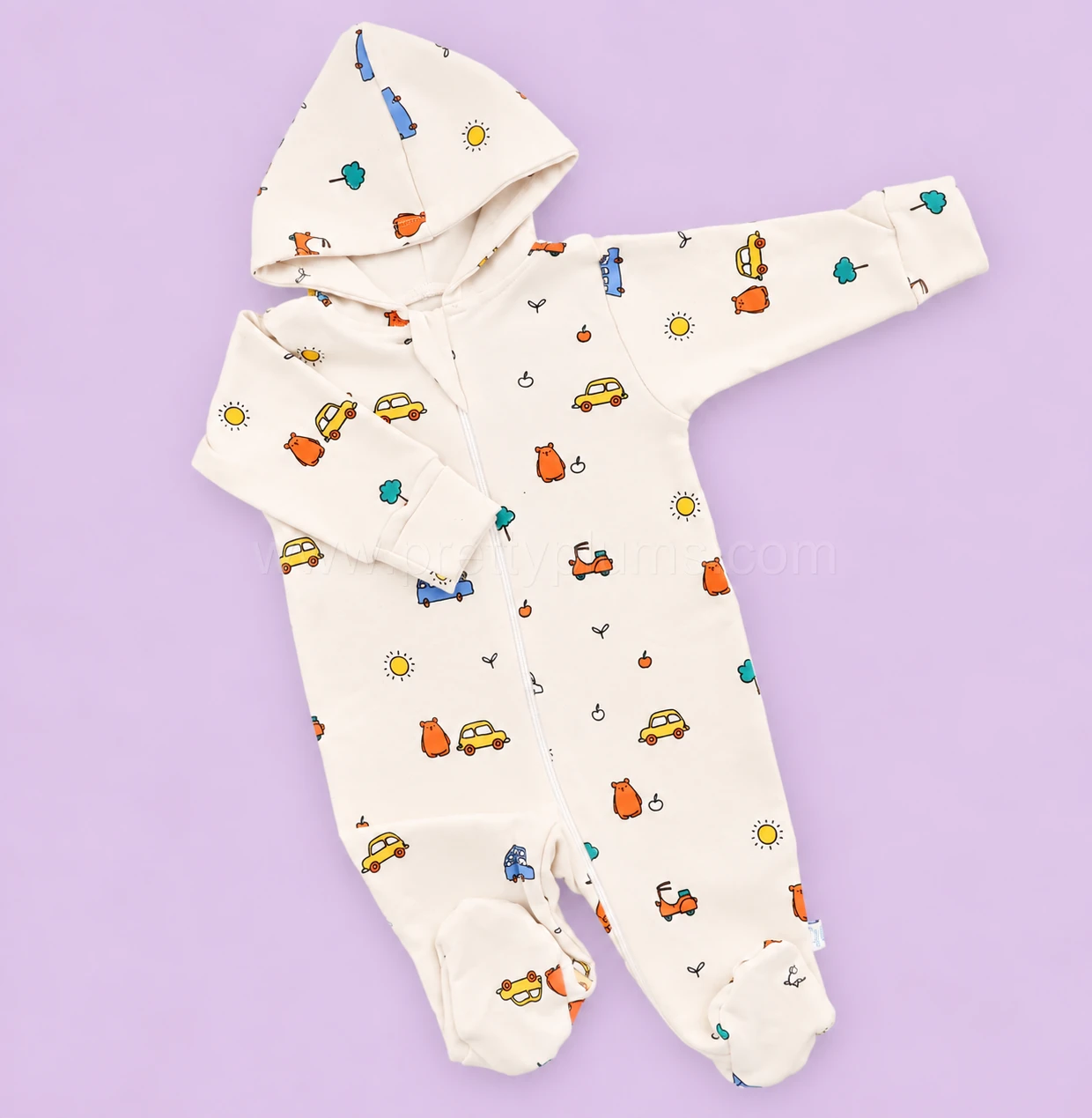 Hooded Sleeping Suit - Light Cream with Vehicles - SS1