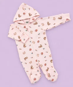 Hooded Sleeping Suit - Pink with Animal and Mushroom - SS1
