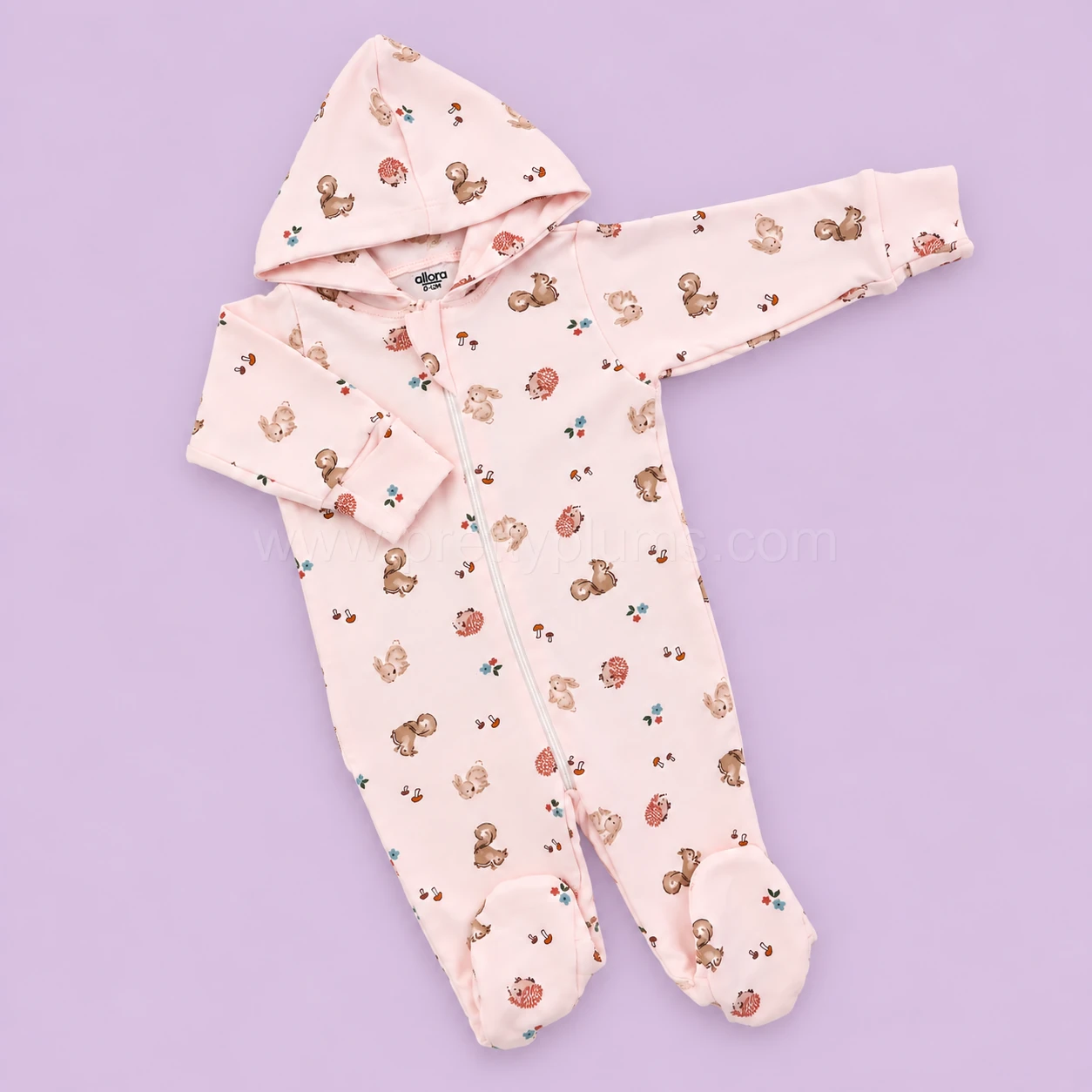 Hooded Sleeping Suit - Pink with Animal and Mushroom - SS1